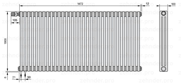 Схема (чертеж) Радиатор Zehnder Charleston 3180/32 №V001 Белый глянцевый RAL 9016